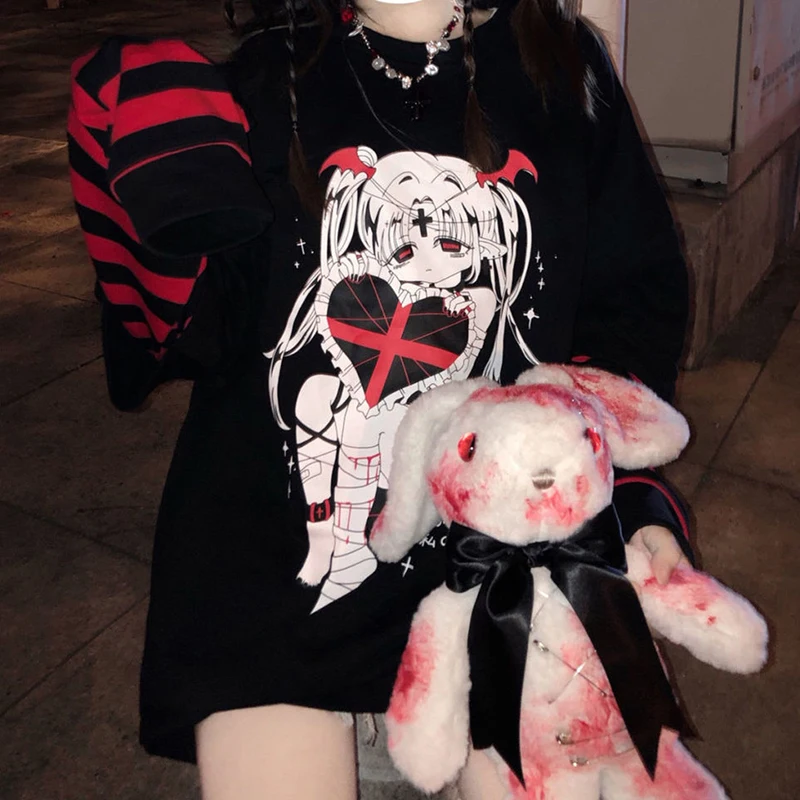 Spring Dark Academia Clothes Emo Anime Sweatshirt Women Striped Gothic T-shirt Long Sleeve Black Tops Y2K Grunge Harajuku Hoodie