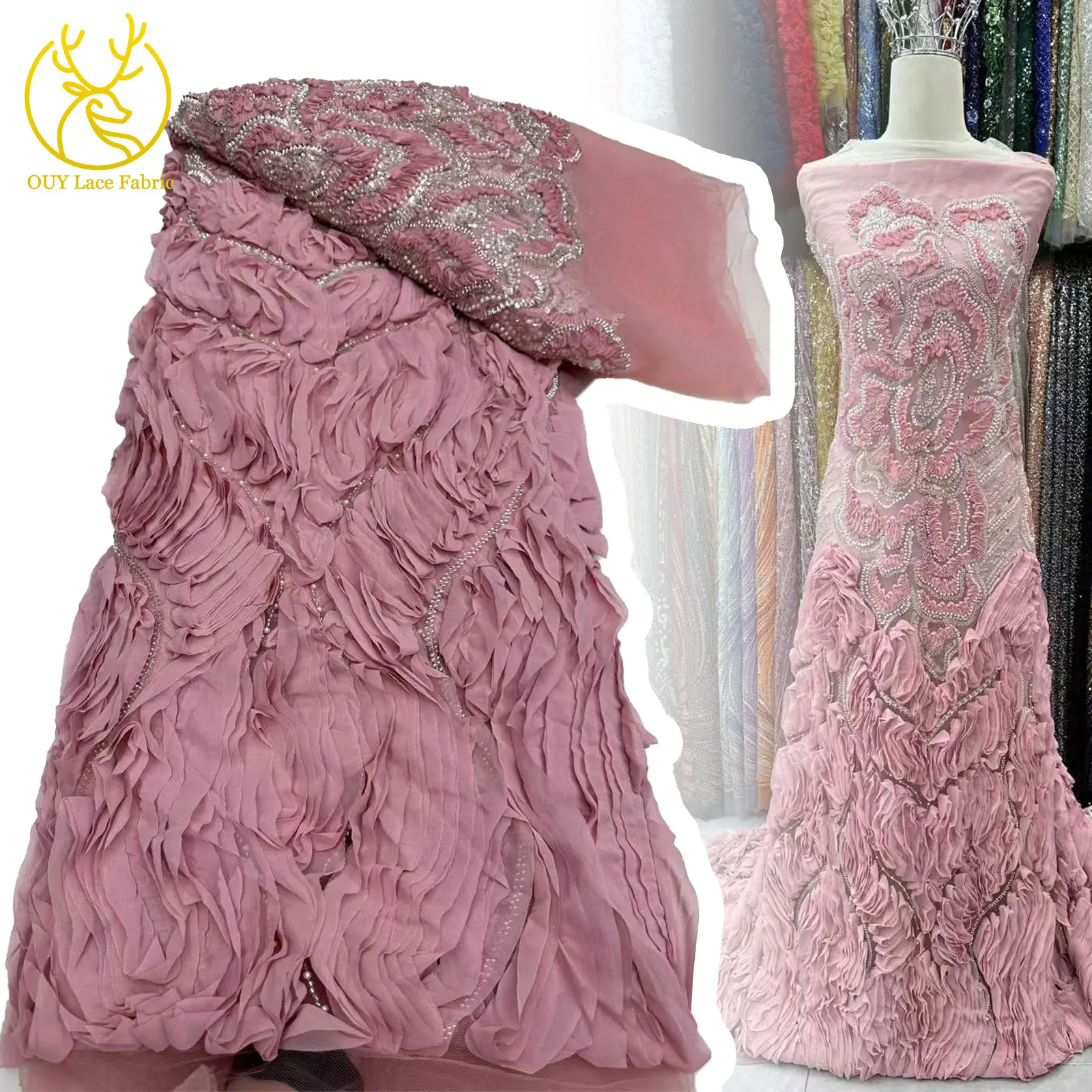 

3D Latest Design African Beaded Embroidery Tulle Lace Fabric French Nigerian Sequins Tulle Lace Ladies High-end Wedding Dresses