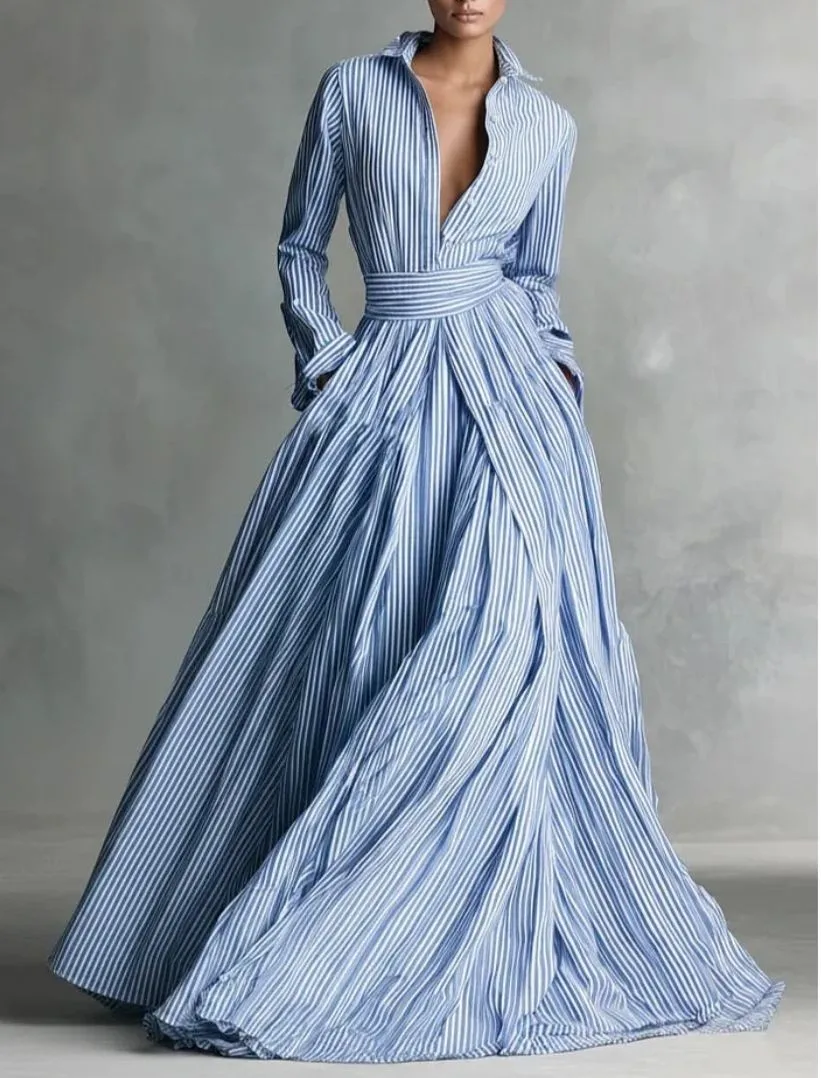 

Womens Polo Collar Shirt Maxi Dress Elegant Striped Print High Waist Long Dresses Spring Fall Long Sleeve A-Line Party Dress