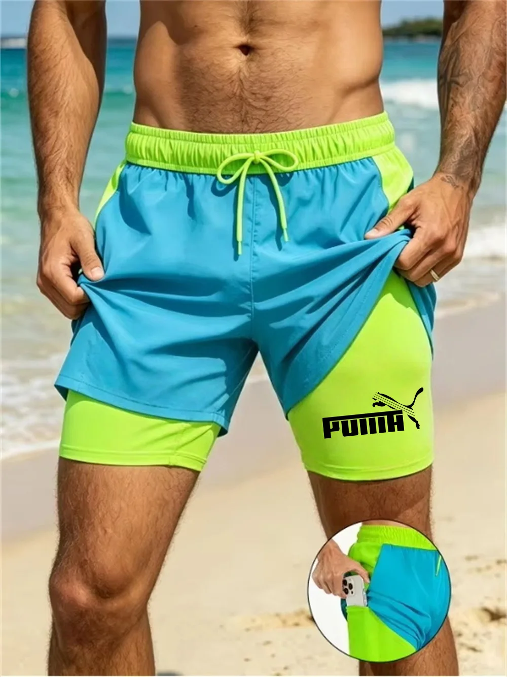 New men's summer double-layer quick-drying compression lining suitable for fitness, sports, surfing, beach shorts drawstring