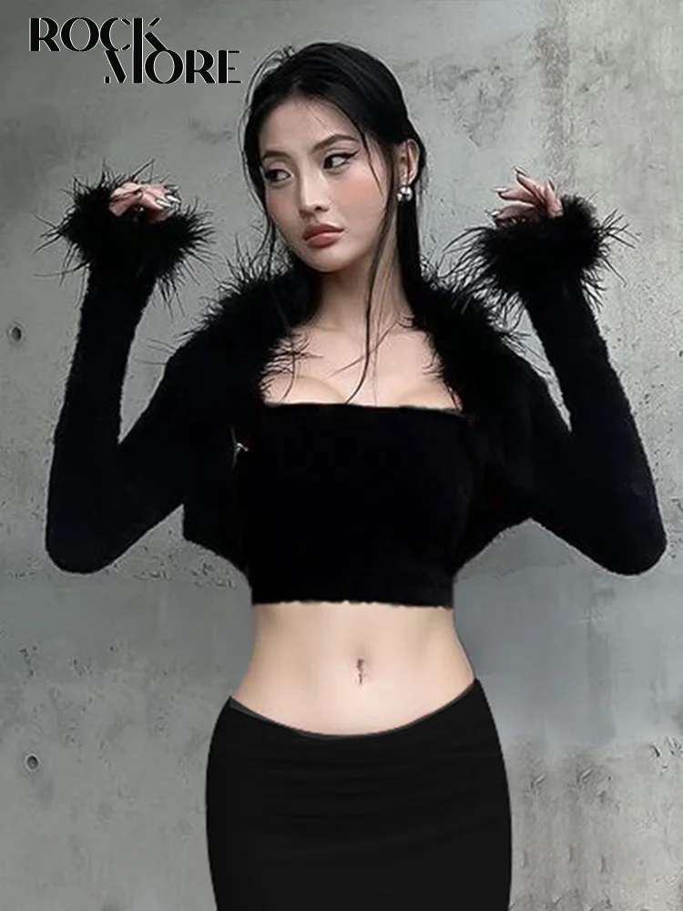 

Rockmore Fur Patchwork Tube Top and Long Sleeve Cropped Cardigan Streetwear Y2K Women Sexy Tee Casual Korean Grunge Fairycore