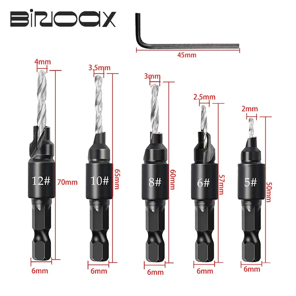 Binoax Countersink Drill Bit Set #5 #6 #8 #10 #12 Tapered Drill Bit for Woodworking