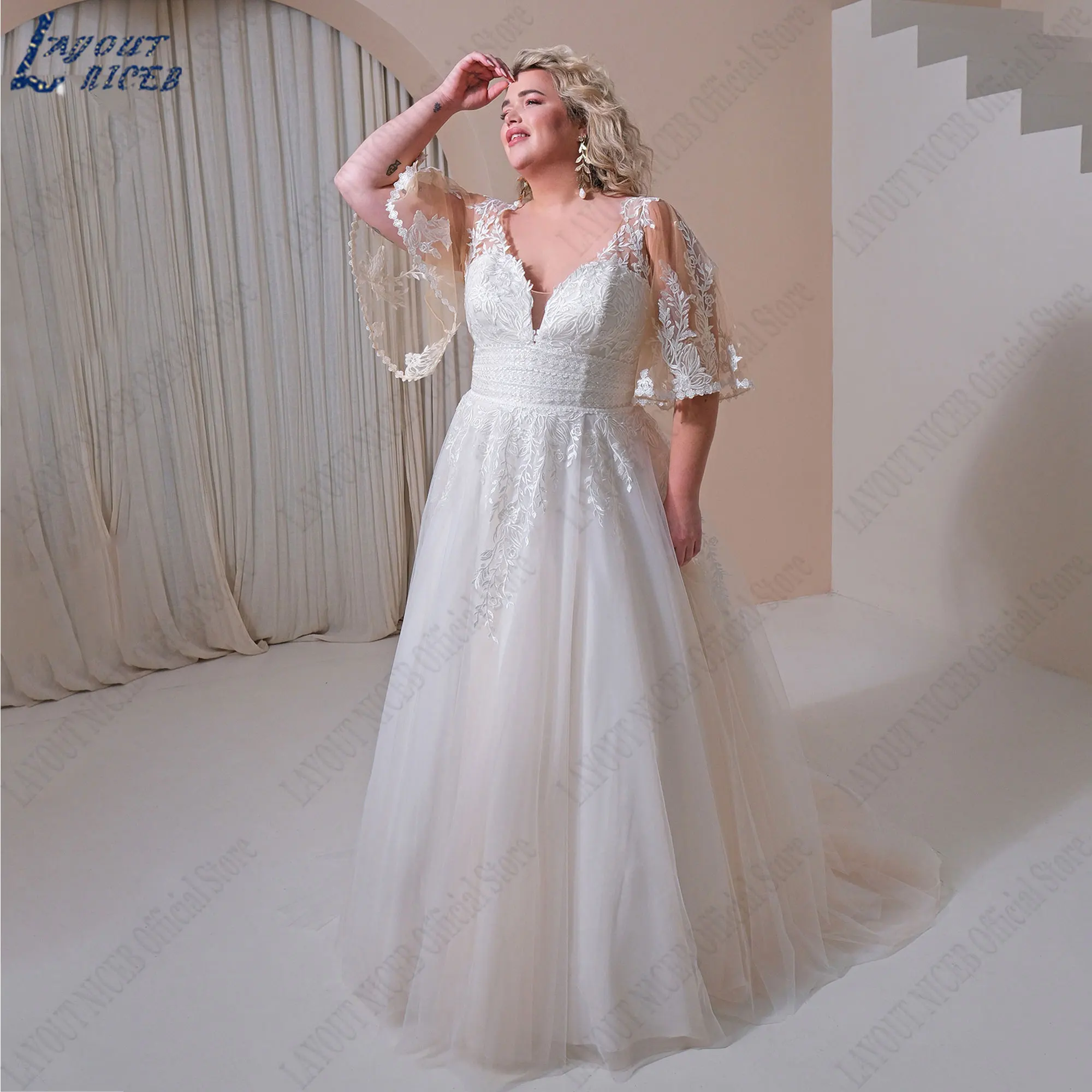 LAYOUT NICEB Plus Size Apliques Vestidos de casamento Metade Batwing Mangas Vestidos de noiva Backless A-Line Tulle vestidos de novia 2024LAYOUT NICEB Plus Size Appliques Vestidos de Noiva Meia Batwing Mangas Vestidos