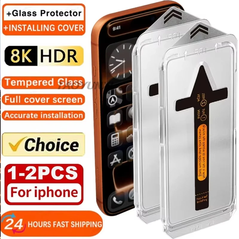 

1-2Pcs HD Tempered Glass For iPhone 17 Pro Max 16 15 14 13 11 12 Pro Max Plus SE XR XS Easy Install Dust-proof Screen Protectors
