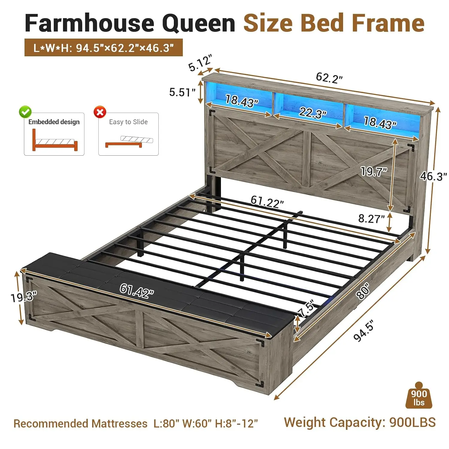 Queen Size Bed Frame with Storage Ottoman, Farmhouse Bed Frame with Charging Station and Led Light, Headboard with, Customized