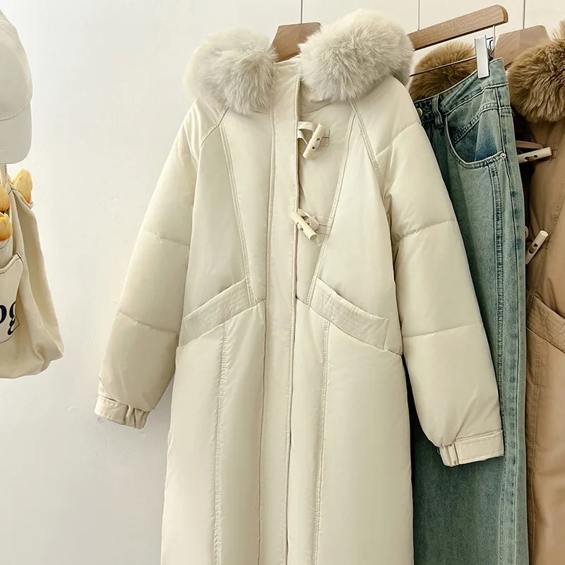 Jaqueta acolchoada de algodão de comprimento médio para mulheres novo estilo coreano grande gola de pele moda parkas casaco de pão de inverno e casacos grossos