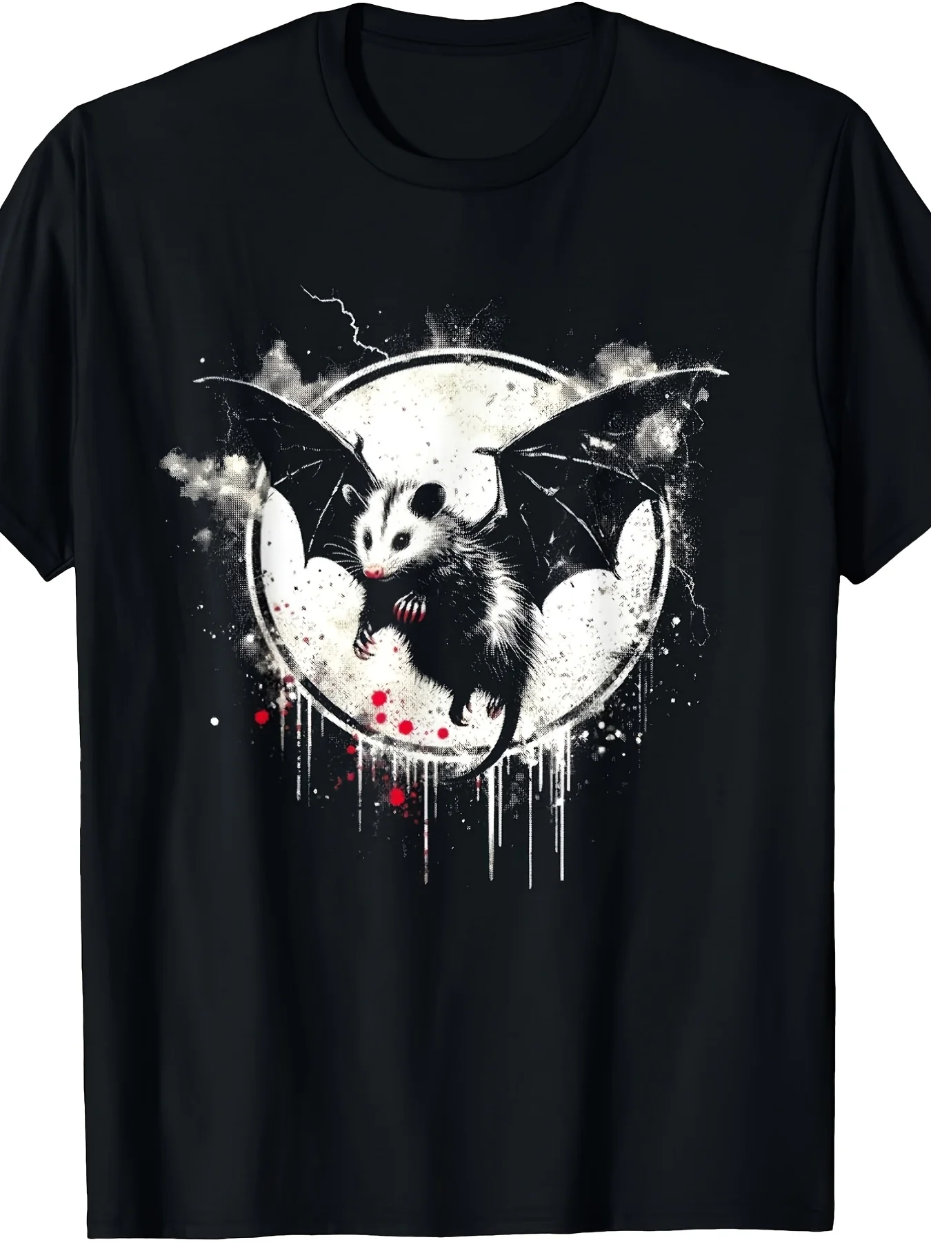 Opossum Bat Funny Cute Possum Bat Halloween Lover T Shirt Crew Neck Medium Stretch Fabric Print Pattern Suitable for All Seasons and Various OccasionsRetro Casual Short-sleeved T-shirt with a Round Neck and Printed Pattern Suitable for Daily