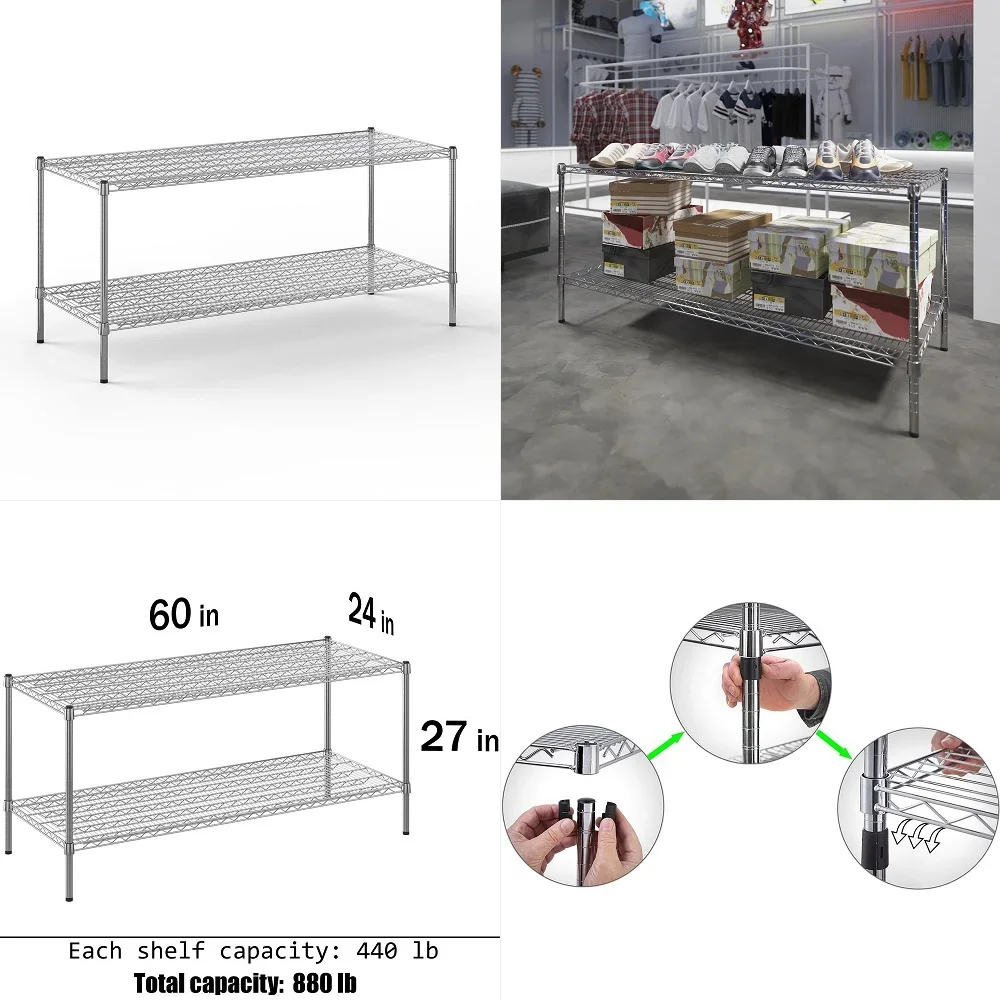 

Deep x 60 Wide x 27 High 2 Tier Chrome Wire Shelving Kit NSF Commercial Storage Rack Unit