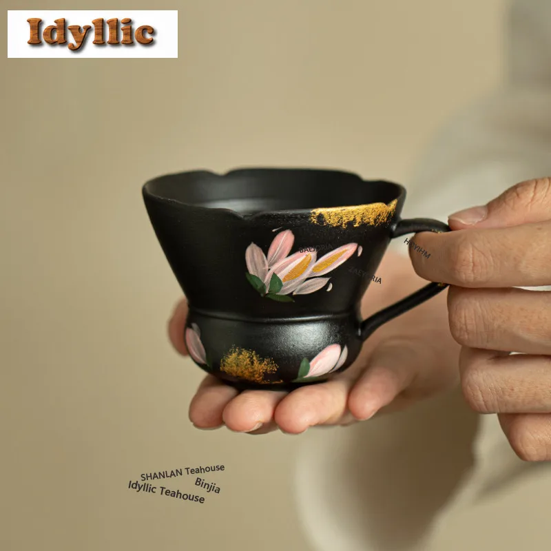 hoyihm-100ml-gold-drawing-black-pottery-lily-teacup-zen-tea-bowl-water-jug-tea-tasting-personal-cup-jianzhan-master-cups-cafes