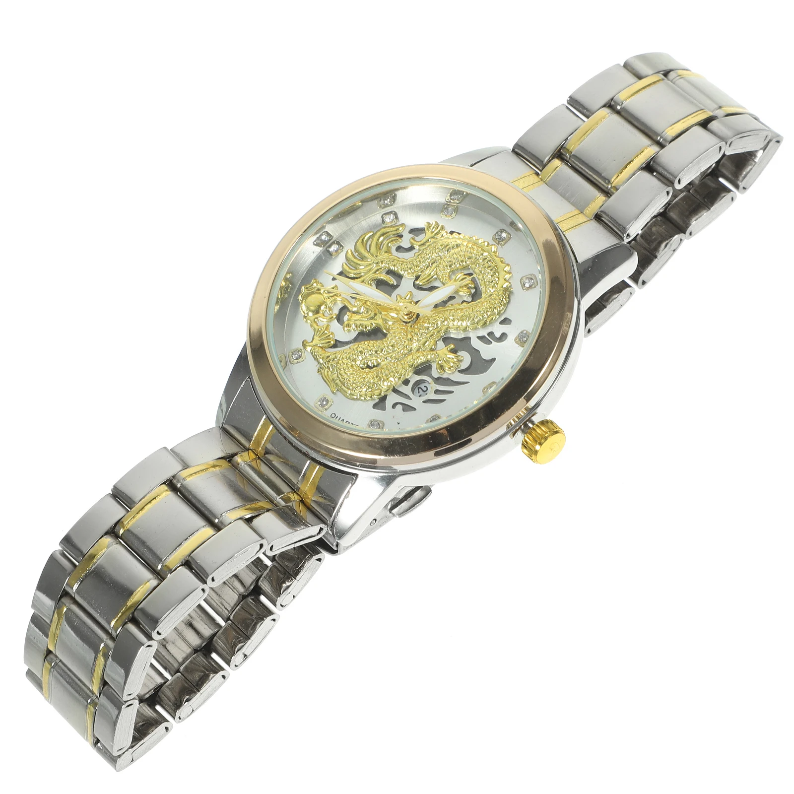 

Quartz Watch for Men Stainless Steel Waterproof Business Hollow Out Carving White Dial Golden Band Male
