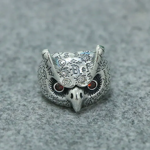 

Men's and women's jewelry personality ring, pure silver graffiti owl, European and American trendsetter's exquisite S925 silver