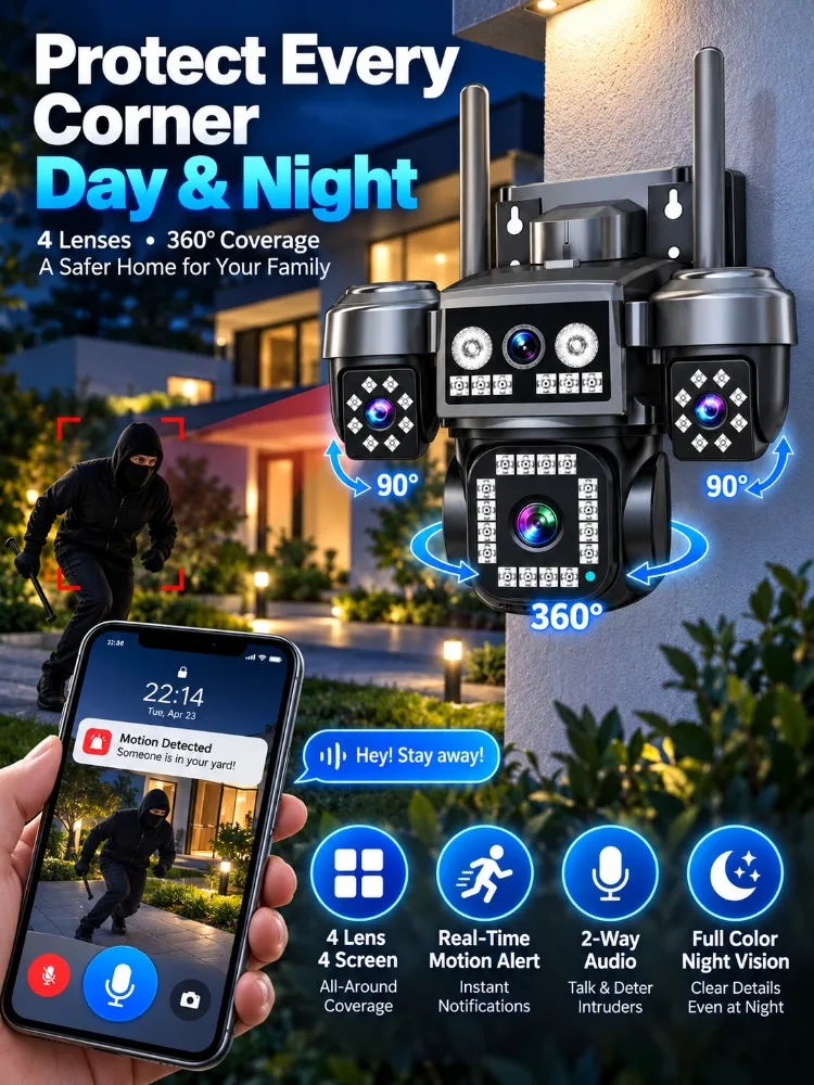 Kamera zewnętrzna PTZ z 20-megapikselową matrycą, łącznością WiFi, 10-krotnym zoomem optycznym, 4 obiektywami, 4 ekranami, funkcją noktowizji, śledzeniem ruchu, do monitoringu domu, kamera IP CCTV. — 2
