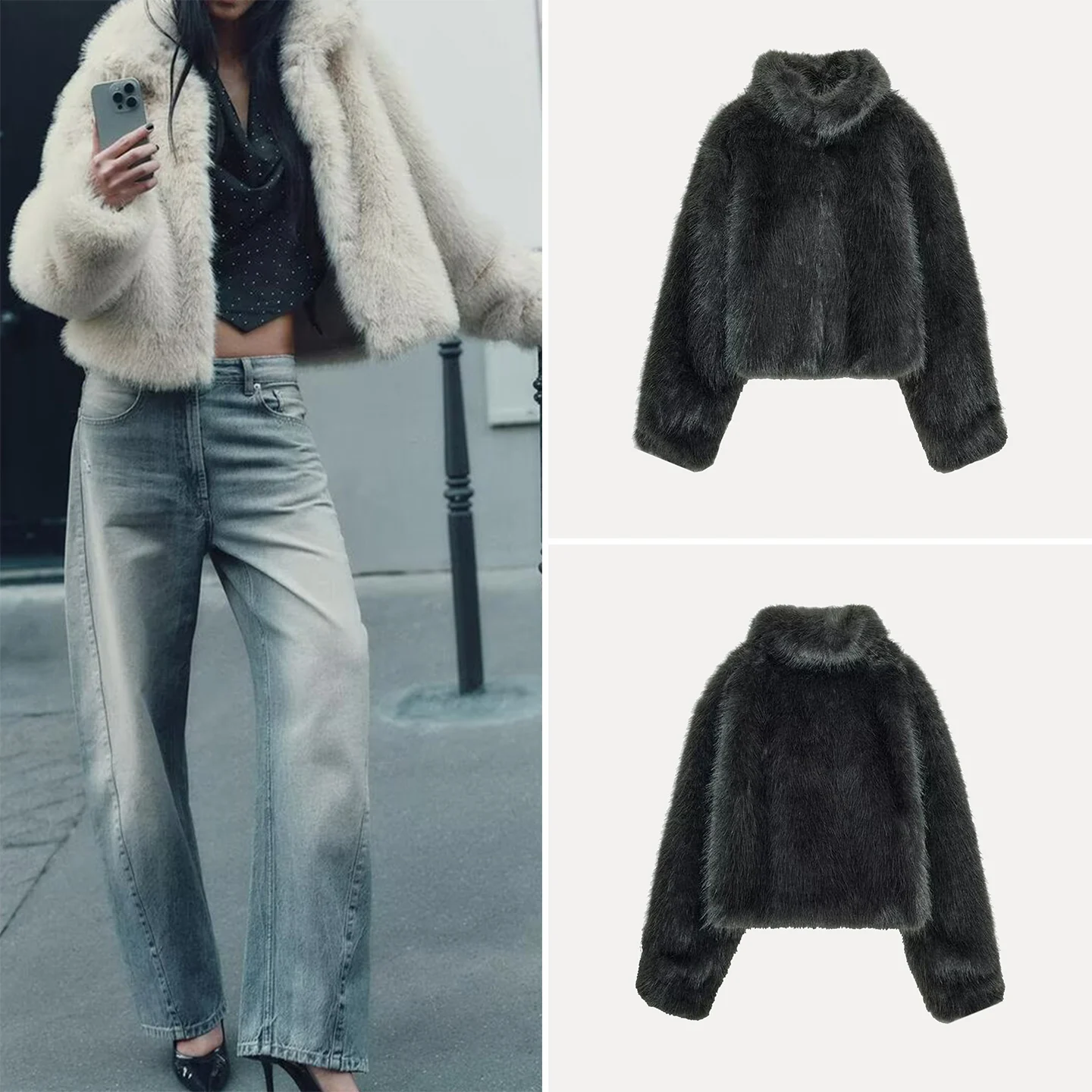Z Women's Faion ort Coat Artificial Fur Effect Personali Youth Stand Fit Long Sve Stand Collar European Sle