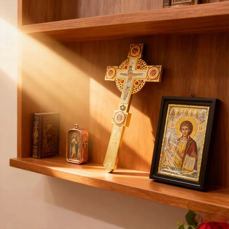 

New Handheld Orthodox Liturgy Cross Gold-Plated with Enamel Crucifix Icon & Red Gem Accents Premium Christian Sacramental Box