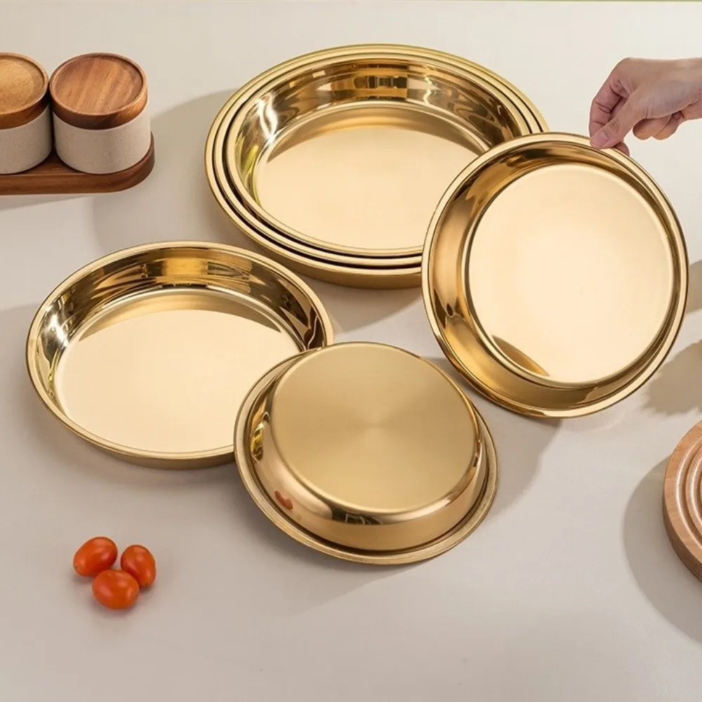 New Gold Round Serving Tray Raised Rim Flat Bottom Candle Plate Mirror Polished Dessert Platter Home Dining