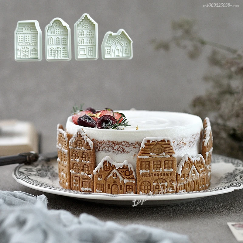 4 ชิ้น Christmas Gingerbread House Cutters คุกกี้ 3D เบเกอรี่แม่พิมพ์ Fondant เค้กตกแต่ง pastry บิสกิตแสตมป์อุปกรณ์เบเกอรี่