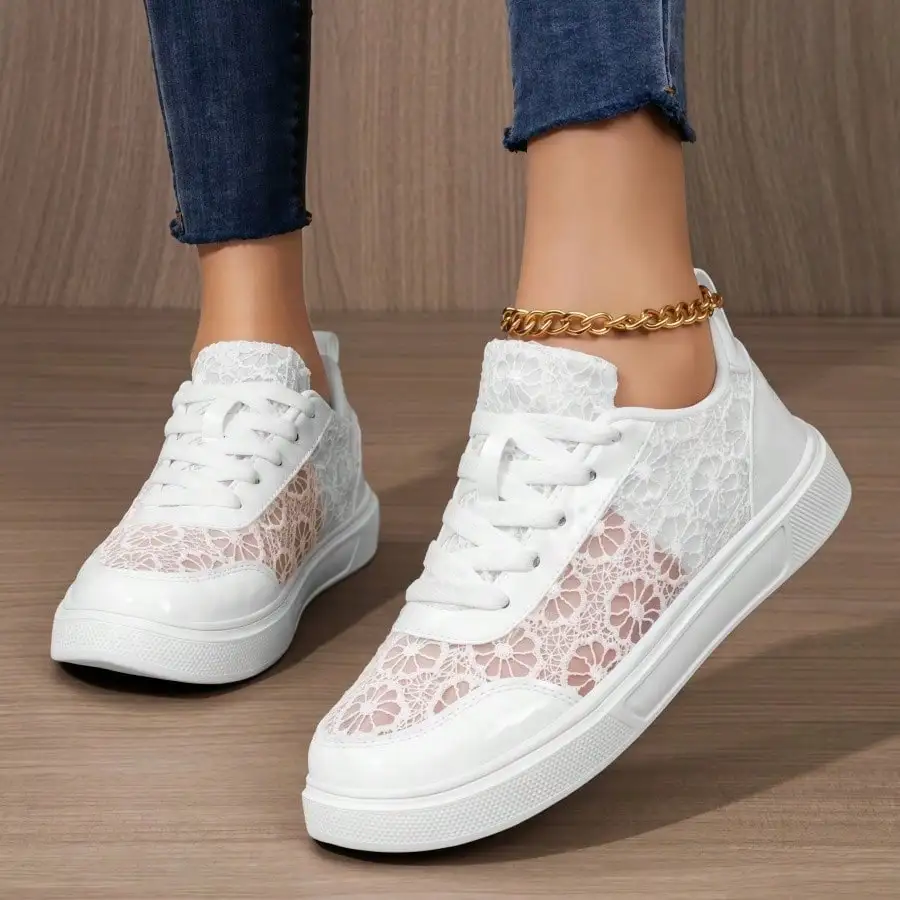 Women's White & Black Mesh Sneakers, Lightweight Breathable Hollow Shoes, Soft Flexible Sole, Fashion Casual Footwear, Anti-wear Athletic Trainers for Outdoor Walking, Daily Commute & All-day Wear