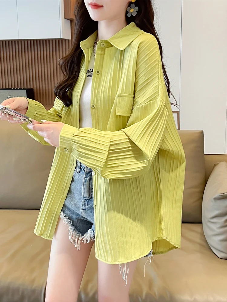 

Women's Shirt Sunscreen Long Sleeves Shirt Summer Women's Loose Casual Single Breasted Turndown Collar Basics Chiffon Cardigan