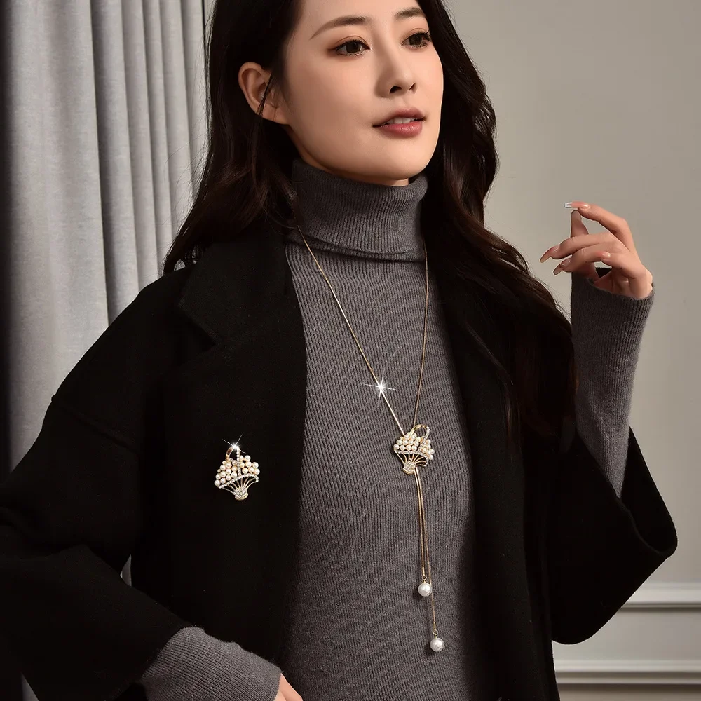 Осенне-зимний синий свитер с жемчужным цветком и цепочкой из двух частей, элегантное длинное ожерелье с кисточками