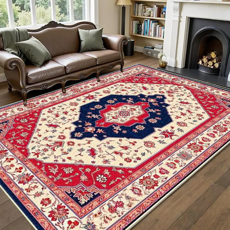 Classic Red White Navy Geometric Floral Rectangular Commercial Floor Rug Welcome Decor For Living Room Dining