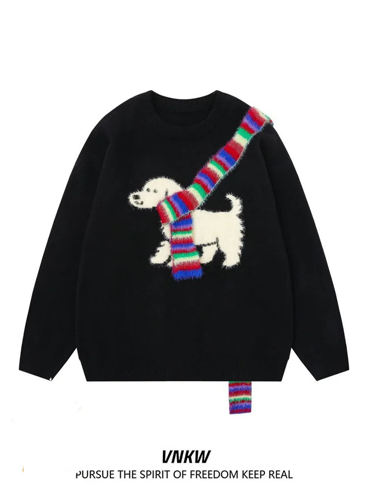 

Retro American Scarf Letter Embroidery Knitted Sweater Men Women Autumn Winter Loose Bf Trendy Couple Clothes Sweater