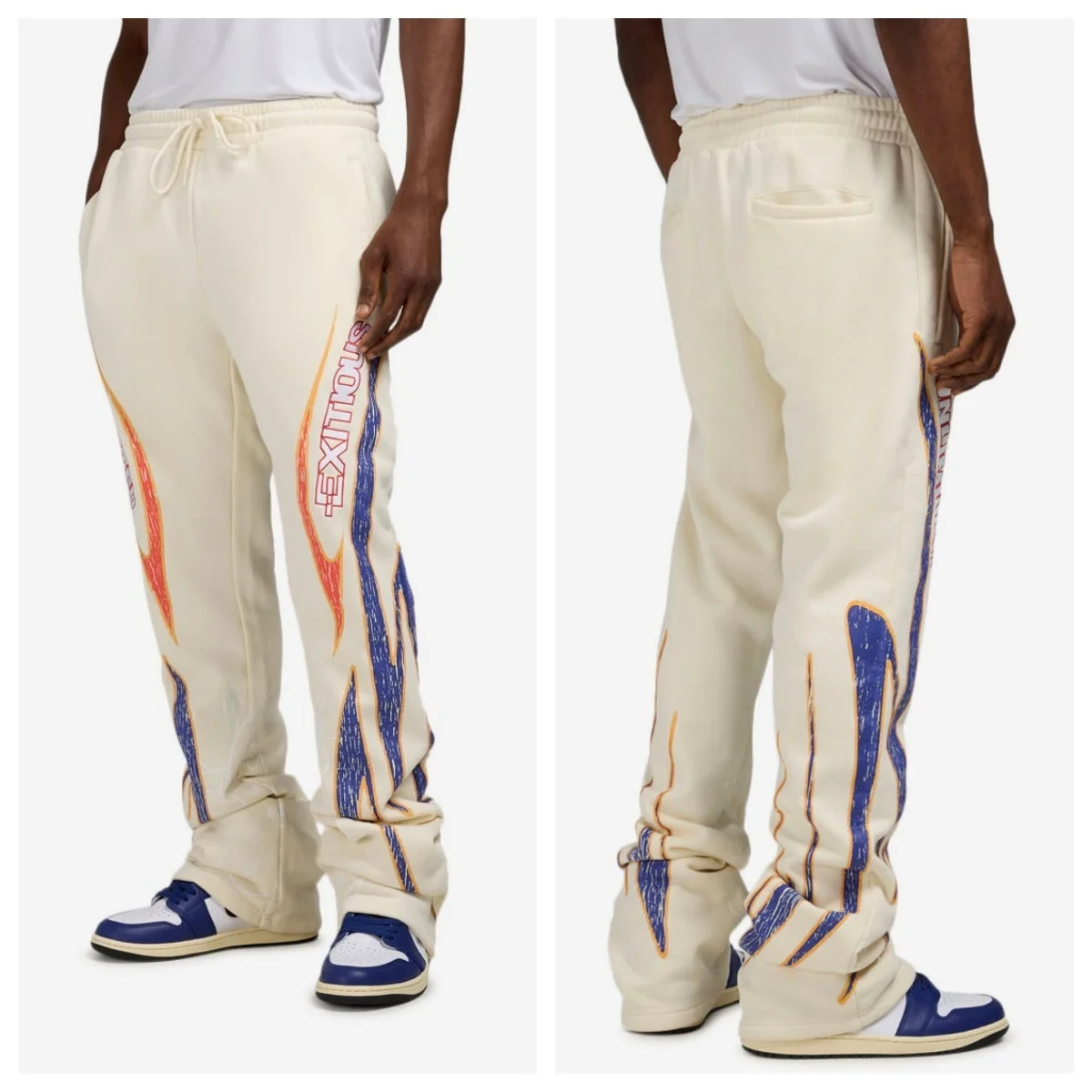 

Cool Long Men's Fce Lined Sweatpants Autumn Winter Loose Fit Printed Wide Leg Casual Pants Youth Faion Cotton Polyester