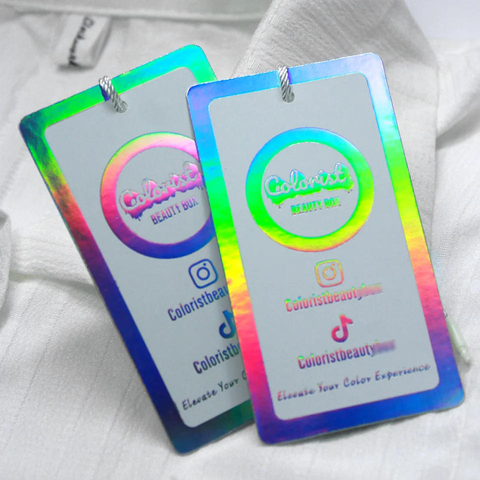 Custom LOGO Hologram Printing Hangtag for Clothing Glitter Laser Swing Tags Holographic Silver Thank You Card Boutique Gift Card