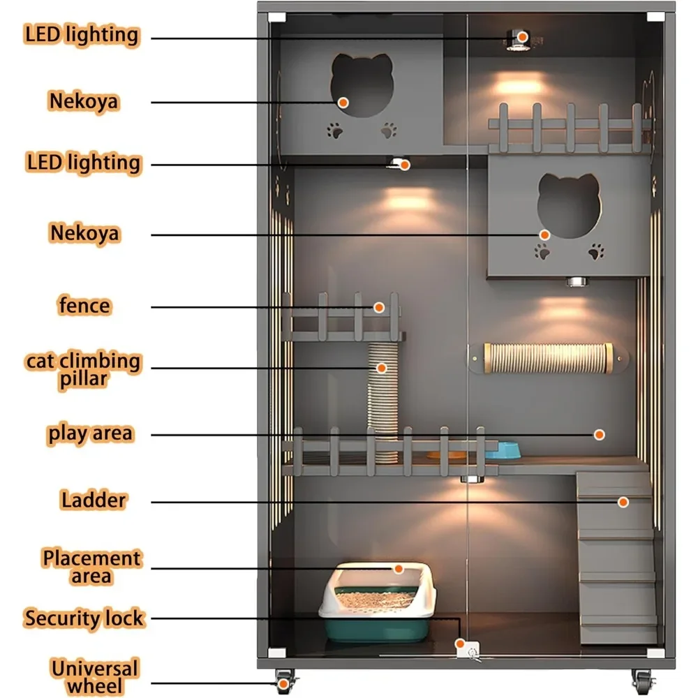 Holz katzen haus, hölzernes Innen-/Außen katzen gehäuse mit Rädern, Luxus-Katzen villa mit mehreren Funktionen für Katzen lüftungs glastür