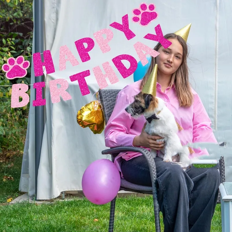 Pink Pet Dog Happy Birthday Party Banner Charming Pink Paper lettere mobili Banner di buon compleanno per la decorazione della festa di compleanno