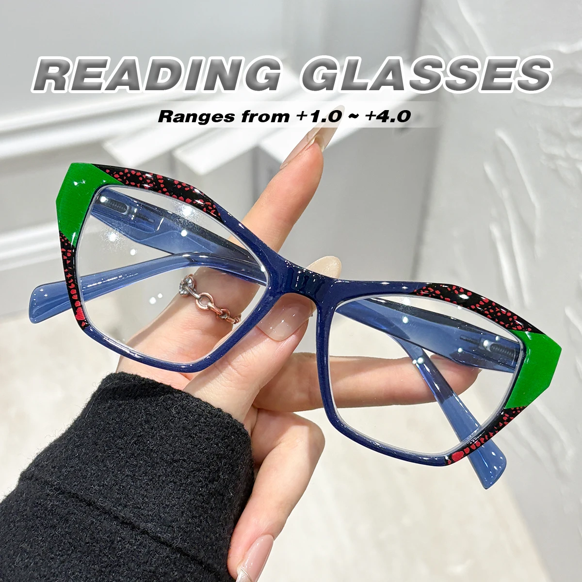 Kontrastfarbene Punktmuster-Lesebrille mit Unregelmäßigen Rahmen, Nicht Starr, Modische Dekorative Lesebrille +1,0 bis +4,0