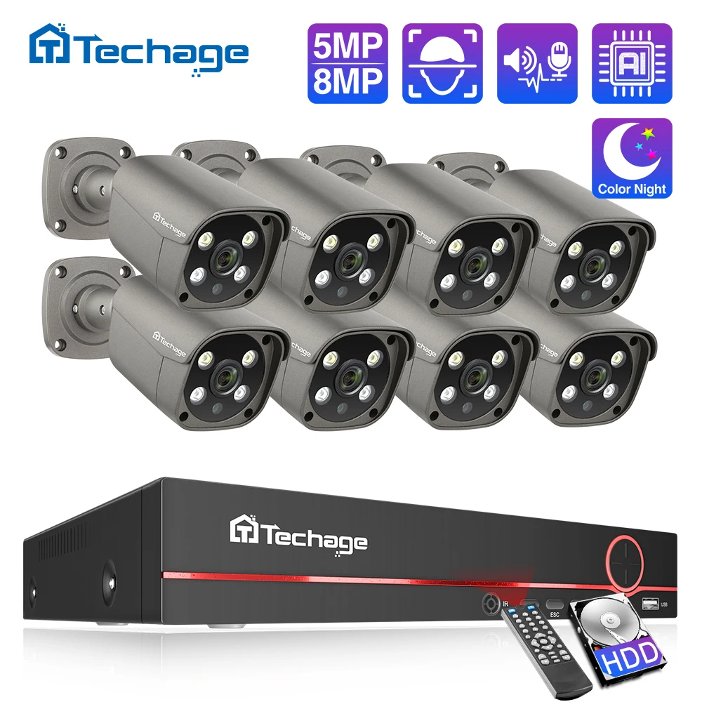 

Techage 8CH 5MP 8MP Security Camera System 4K HD POE NVR Kit Two Way Audio Face Detect Outdoor Video Surveillance IP Camera Set