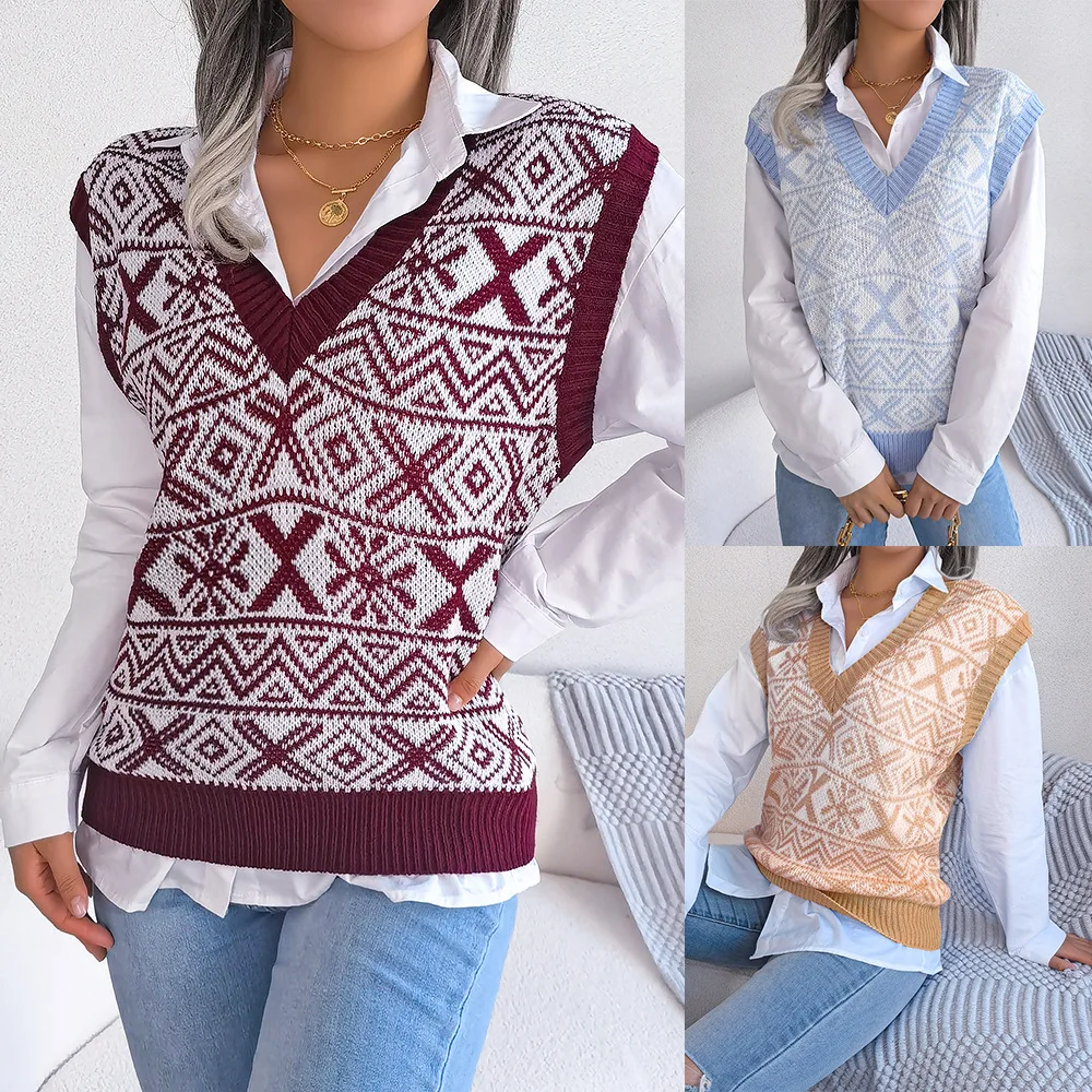 European and American autumn and winter women's Christmas snowflake pattern V-neck knitted vest sweater women vest sweater