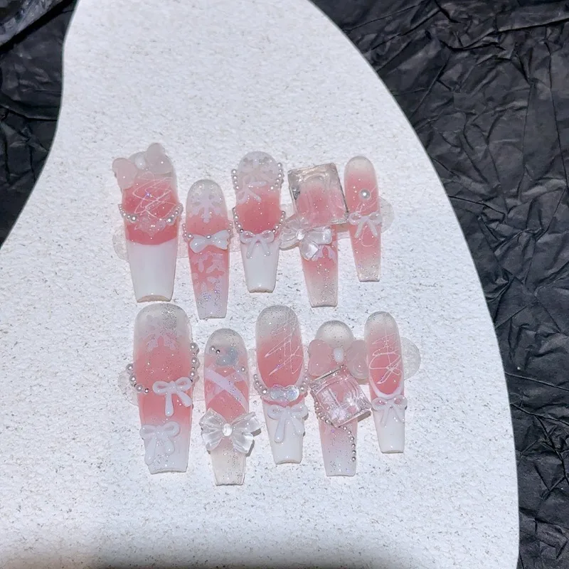 10 pièces doux rêveur fait à la main presse sur les ongles perle flocon de neige arc dentelle Lolita français faux ongles amovibles réutilisables