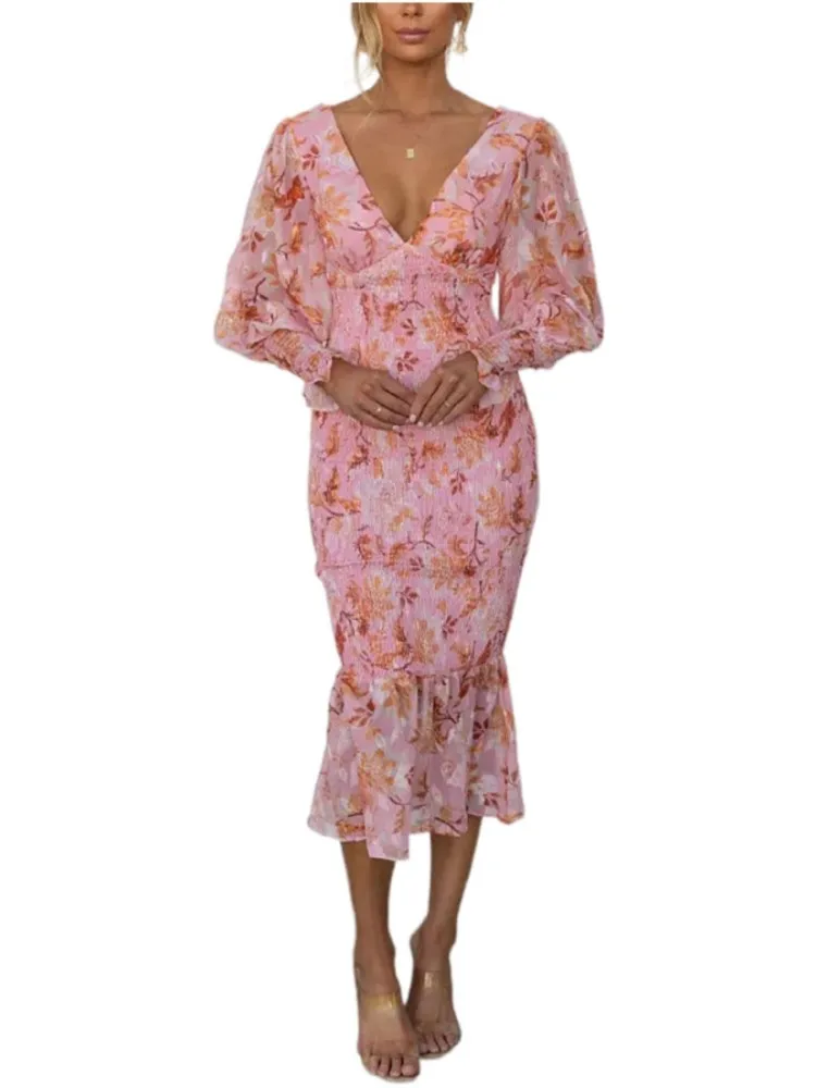 Jupe à volants imprimée à la mode pour femmes, taille élastique, manches longues, robe sexy à col en V, vêtements d'automne, nouveau style