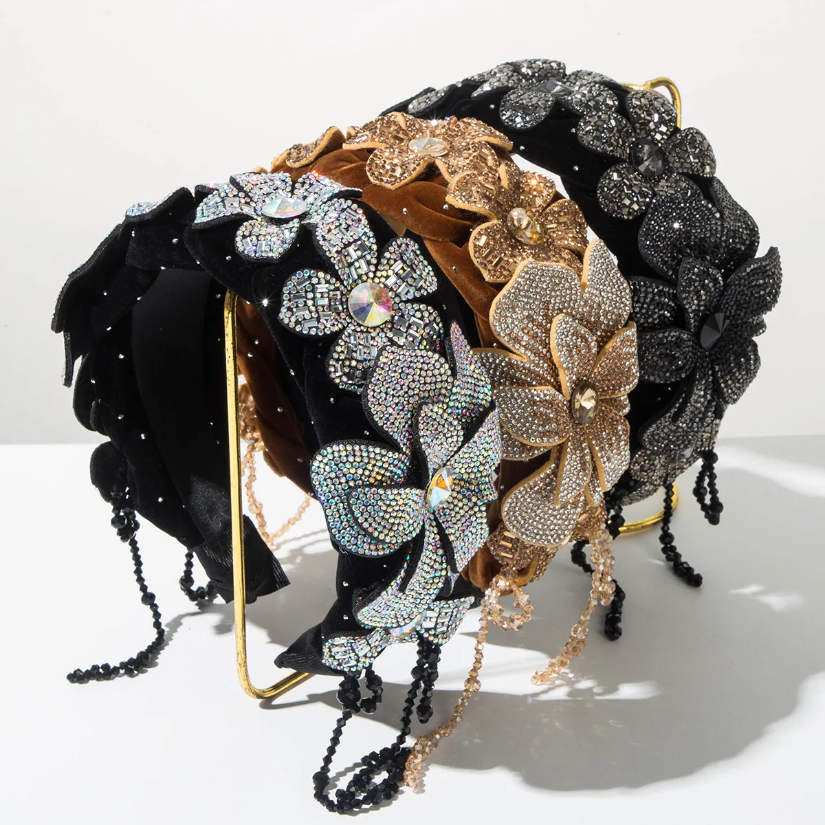 

New Velvet Handmade Vintage Woven Full Diamond Embellished 3D Flower Tassel Headband for Women Versatile Hair Accessory