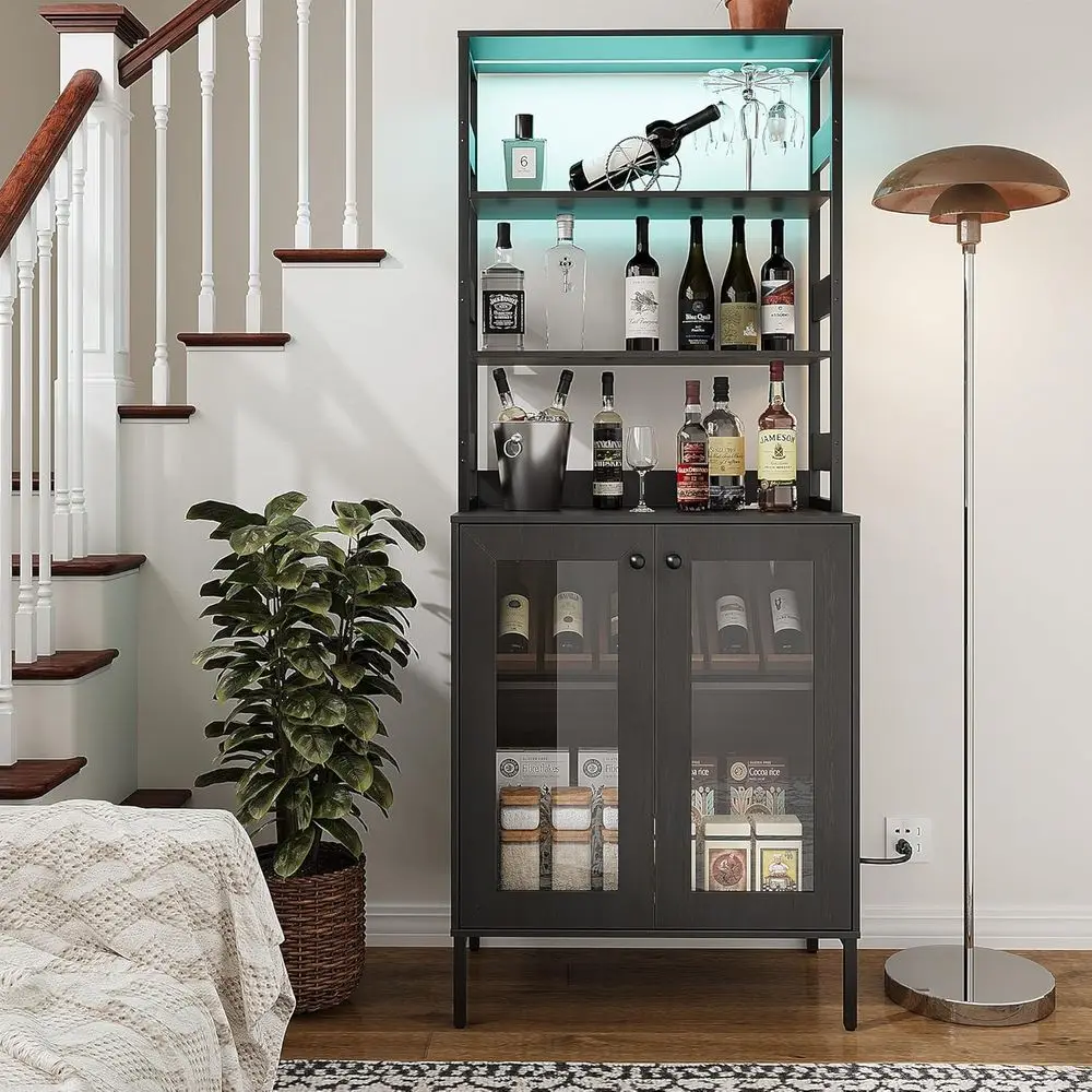 

67Inch Bakers Rack with Power Outlet and Storage, armhouse Coee Bar Cabinet with LED Lights, Microwave Stand Kitchen Coee Bar St