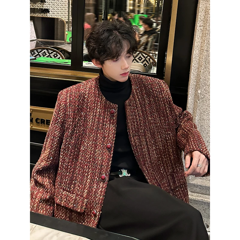 Round Collar Tweed Blazers Cardigan Men\'s Autumn Collarless Short Jacket Korean Style Chic Fashion Elgance Coat Handsome Jackets