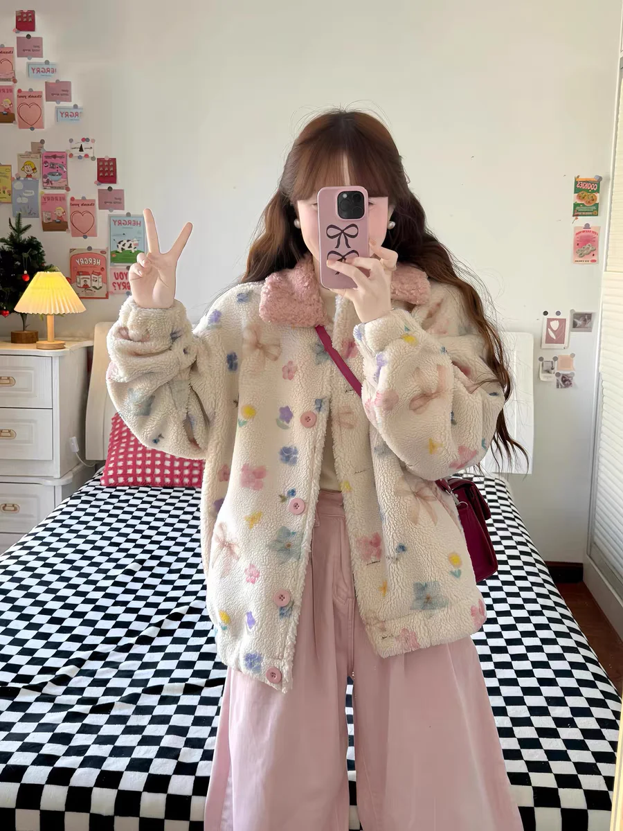 

Розовая женская зимняя куртка из овечьей шерсти с утепленной подкладкой, маленький размер, осенне-зимний топ, уникальный стиль, для повседневной носки, корейский стиль
