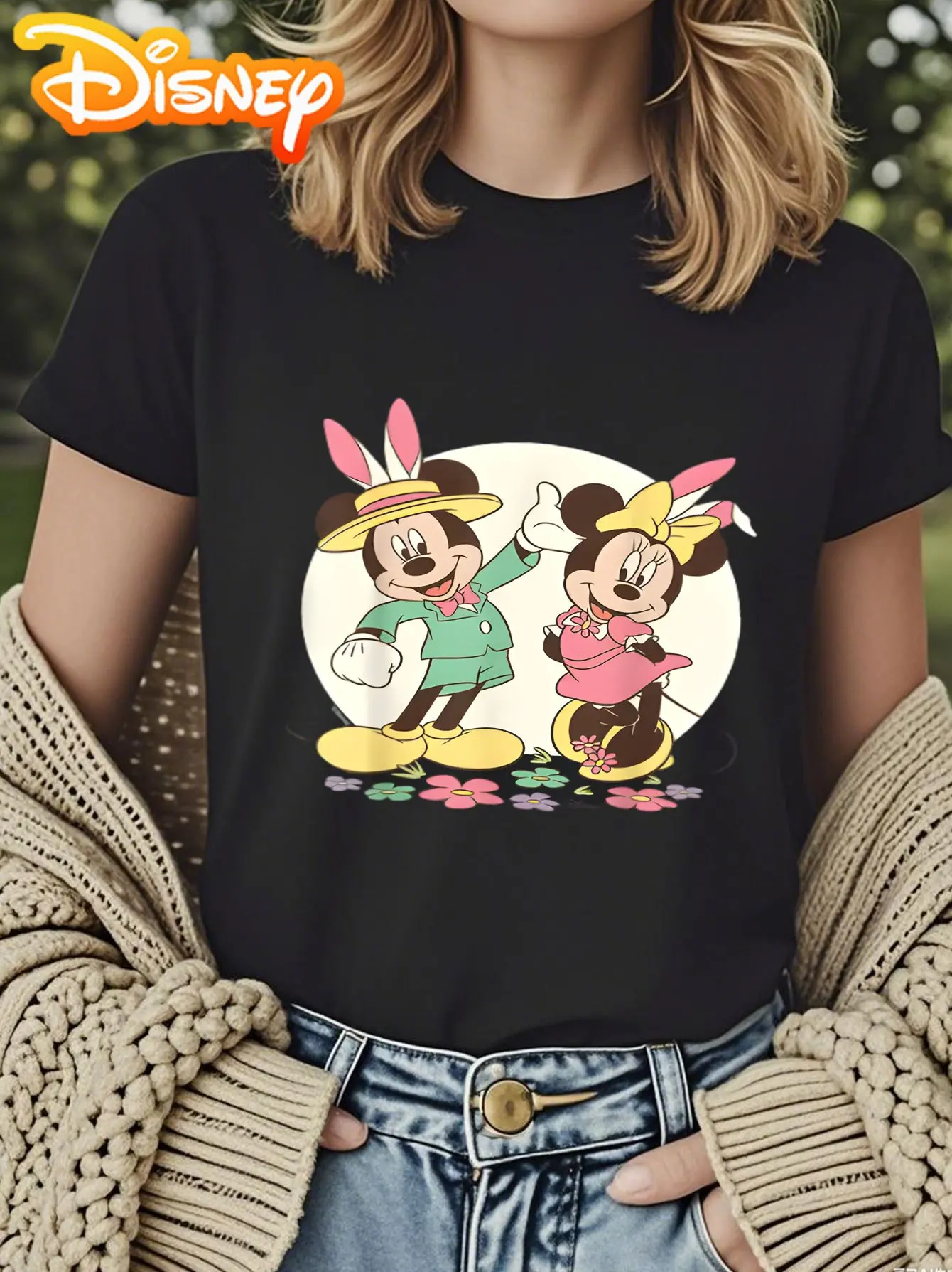 

Disney Easter Mickey Minnie Cartoon T-Shirt for Women - Soft Short Sleeve Summer Casual Wear, Graphic Tee with Playful Character