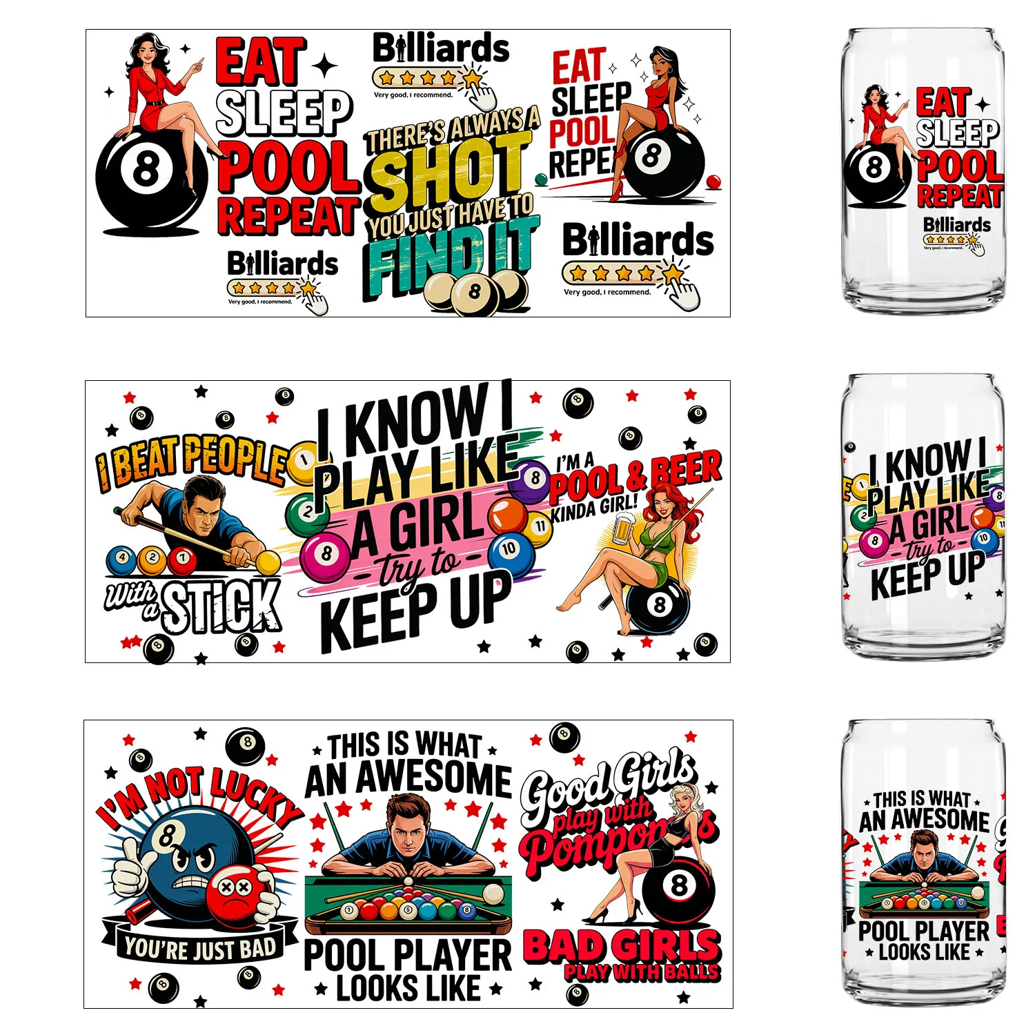Billiards Pool Style UV Dtf Sticker Party DIY Decals 3D transfers uvdtf tumbler seal stickers 16oz uv dtf cup wraps
