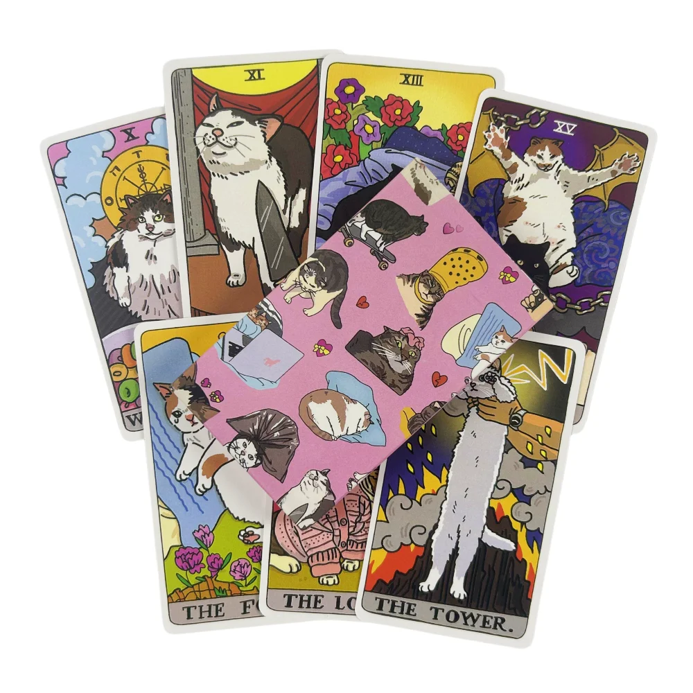 Cat Meme ไพ่ทาโรต์ 22 Major Arcana Cat Meme Tarot ตลก Witchy Cat Tarot Deck แมว Kawaii Uwu ตลกสีชมพูน่ารัก Tarot
