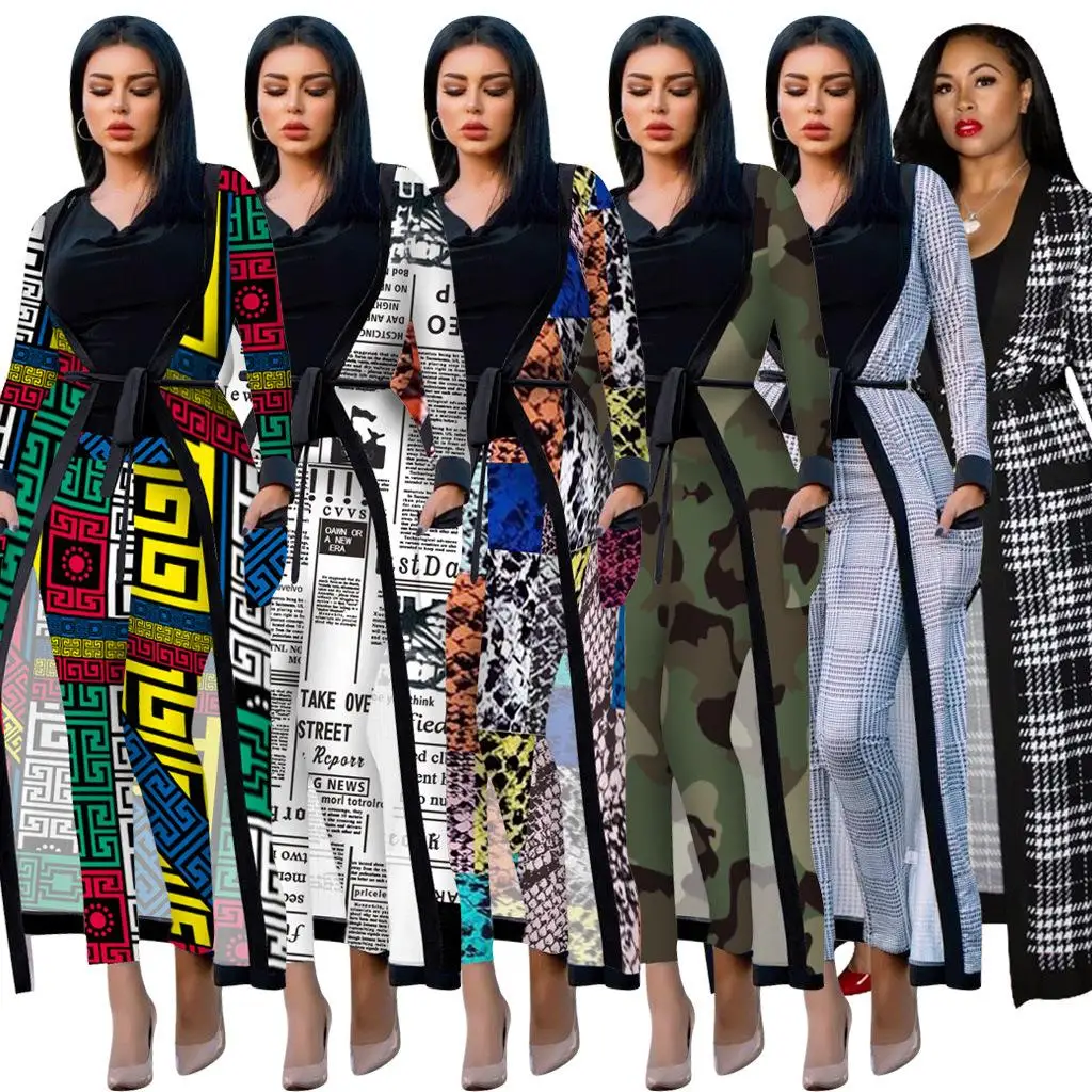 

Women's Printed Cloak Jaet Long Pants Set Tee-Piece Suit Winter Faion Commute Sle Long Sve Zipper Closure Trousers
