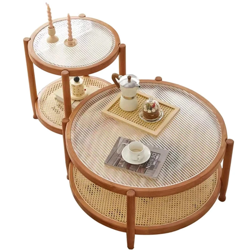 

Double-sided round coffee table set with tempered glass top and rattan storage compartments