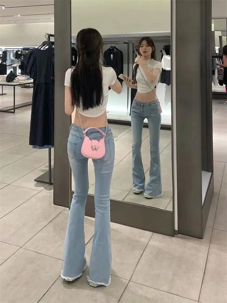 Low Waist Bell Bottom Denim Jeans Women's Slim Fit Stretchy Frayed Hem Vintage Ankle Length Pants Trendy Street Style