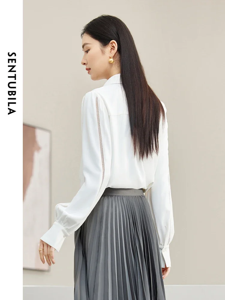 Sentubila casual camisa branca senhoras 2025 primavera outono simples botão até oco para fora manga longa blusas superiores para mulher 143c57366x