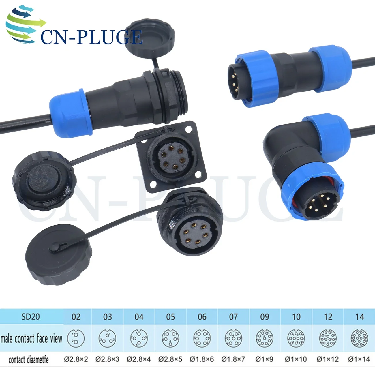 SD20 IP68 Waterproof 2 3 4 5 6 7 9 10 12 14 pin Aviation Connector, Cable Docking Connector Plug 20mm Panel Mount Socket