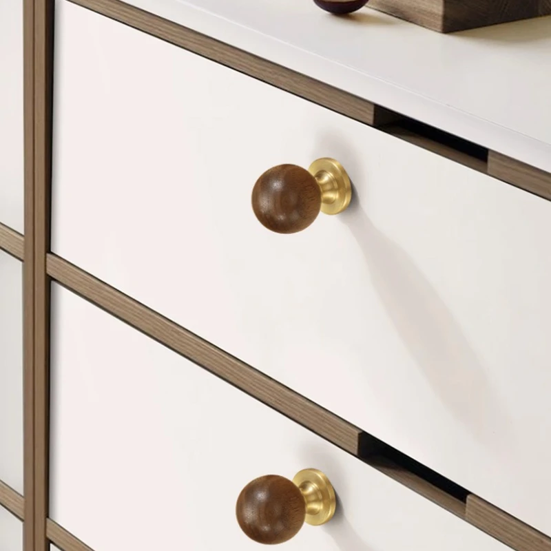 Brass Round Ball Walnut Wood Handle High-end Light Luxury Drawer Universal Wooden Cabinet Wardrobe Single Hole Door Handle Knob