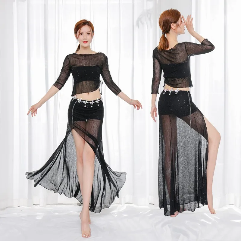 

Gauze Belly dance training Costume women Black white Belly dancing wear outfits Oriental Dance practice clothing set top+skirt