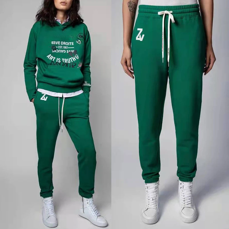 

Early spring new French style English letter printed lining fleece green fleece sweatpants women's sweatpants