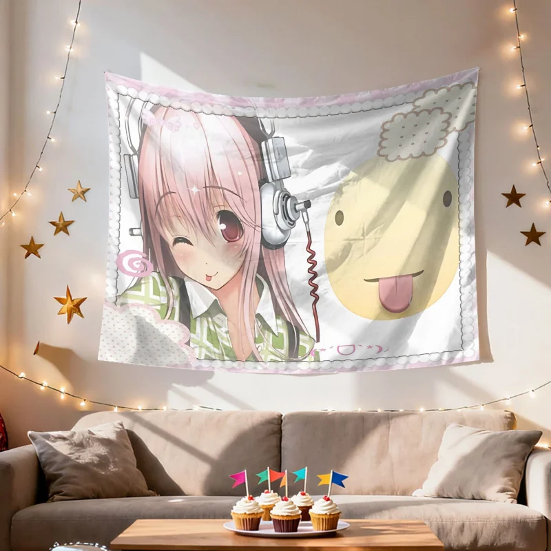 VIKAMA Super Sonico Funny Meme Tapestry Japanese Anime Wall Hanging Bedroom Bedhead Dorm Party House Backdrop Decoration